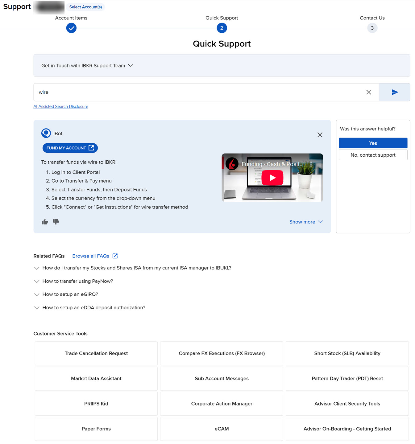 The quick support search results in advisor portal. 